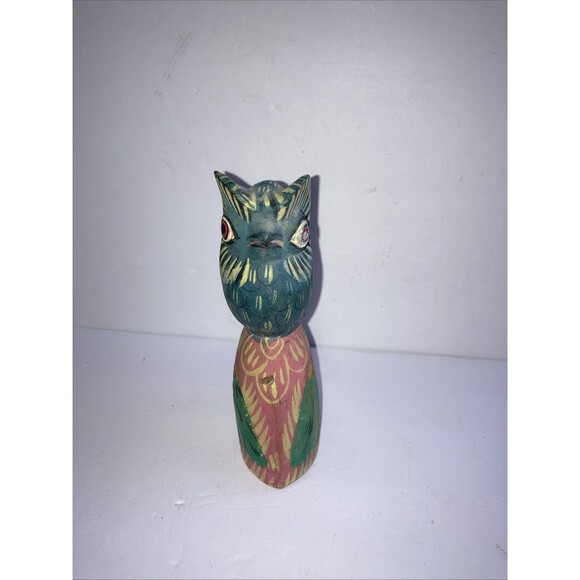 Hand Carved & Painted Wood Owl On Bell 6 X 2.5 Folk Art - Picture 6 of 6